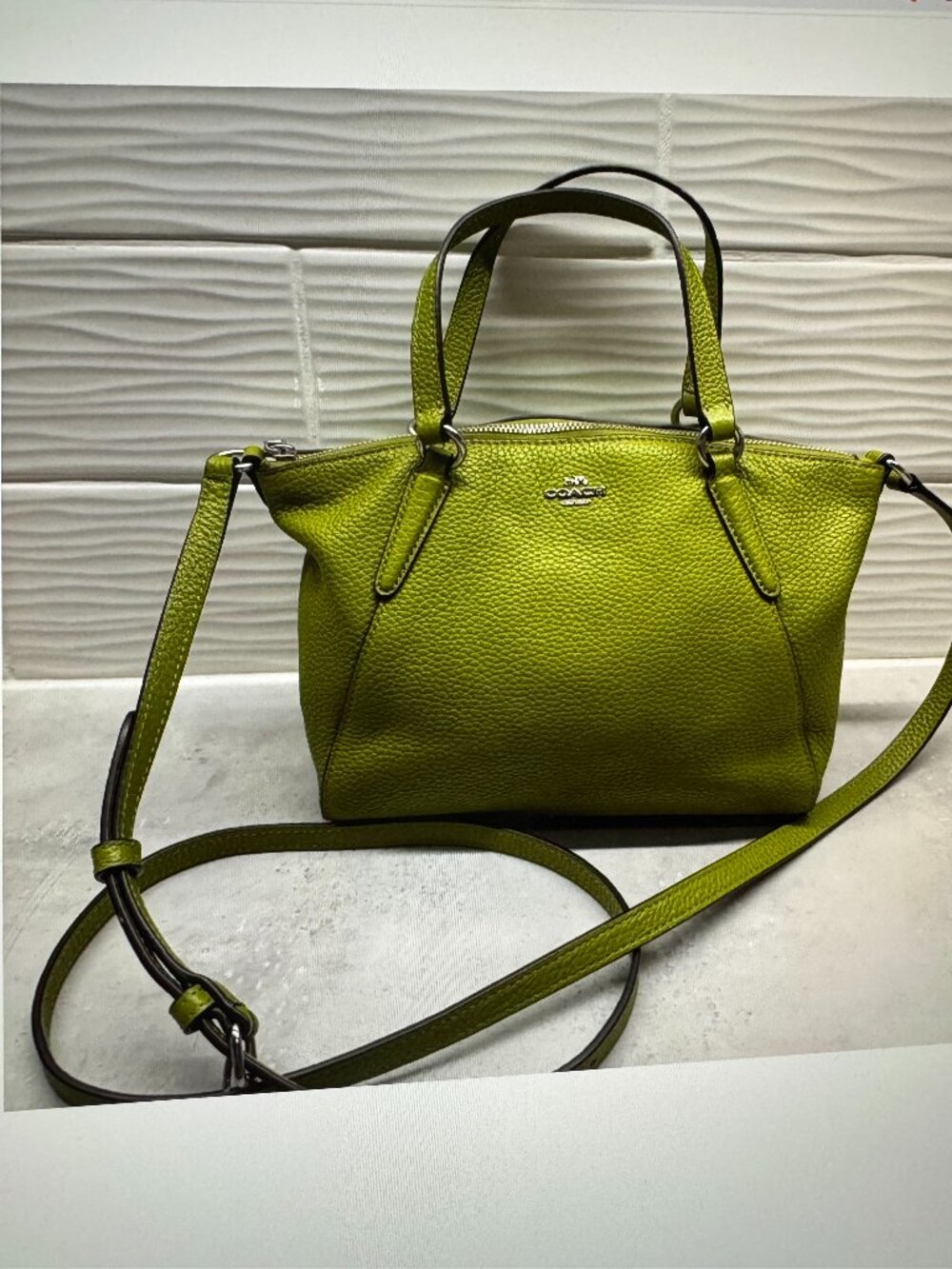 Coach Kelsey Pebbled Olive Green Leather Satchel w/silver